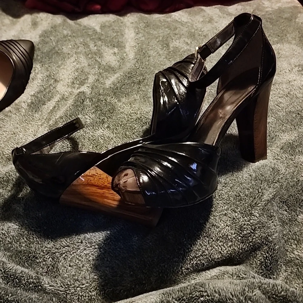 Vintage Retro Sexy Patent peep toe platform Wood Finish heels Ankle Strap